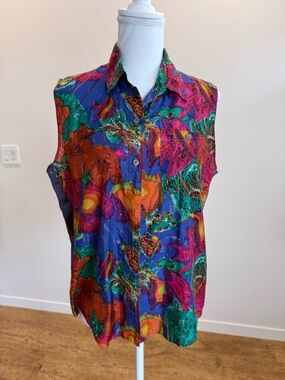 Vintage Arizona Jean Company 100% Silk Button Down Size Large Retro Abstract 90s